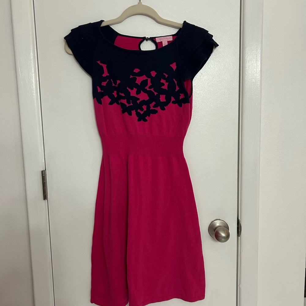 Lilly Pulitzer Kariana Sweater Dress Pink Navy Short Sleeve Size Small - Picture 2 of 10